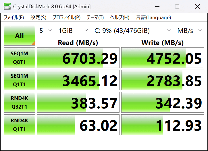 CrystalDiskMarkによるストレージの速度測定結果