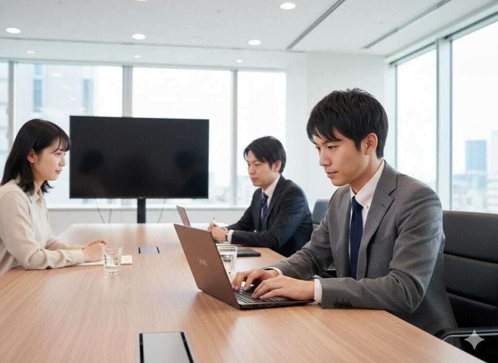 会議室でノートパソコンを使う3人の男女ビジネスパーソン