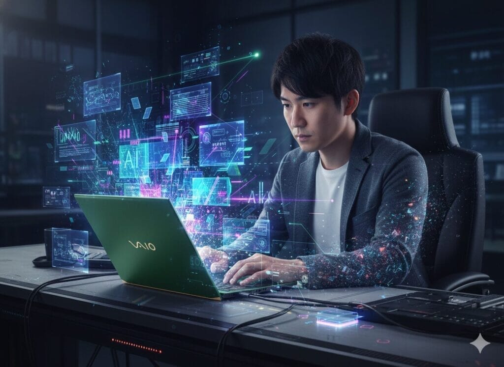 VAIOノートパソコンを使いAIやデータを操作する男性