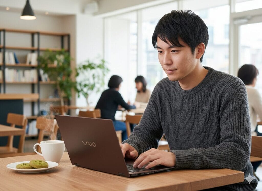 カフェでノートパソコンを操作する男性 コーヒーとクッキー
