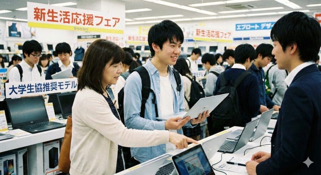 新生活応援フェアで大学生協推奨ノートパソコンを見る学生と店員