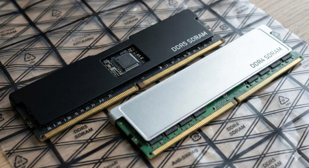 黒色のDDR5 SDRAMと銀色のDDR4 SDRAM