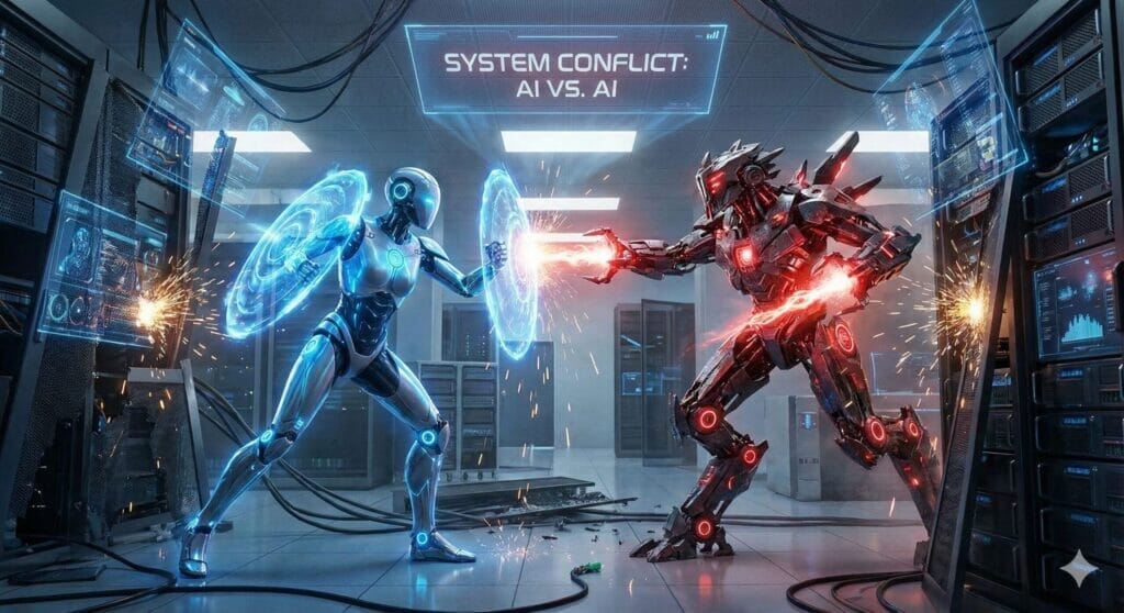 未来のサーバー室で青い光のAIロボットと赤い光のAIロボットが戦う