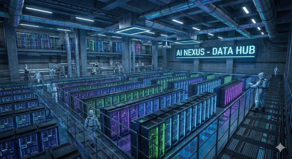 AI NEXUS DATA HUBと書かれた未来的なデータセンターで光るサーバーラックを多くの作業員が点検している様子