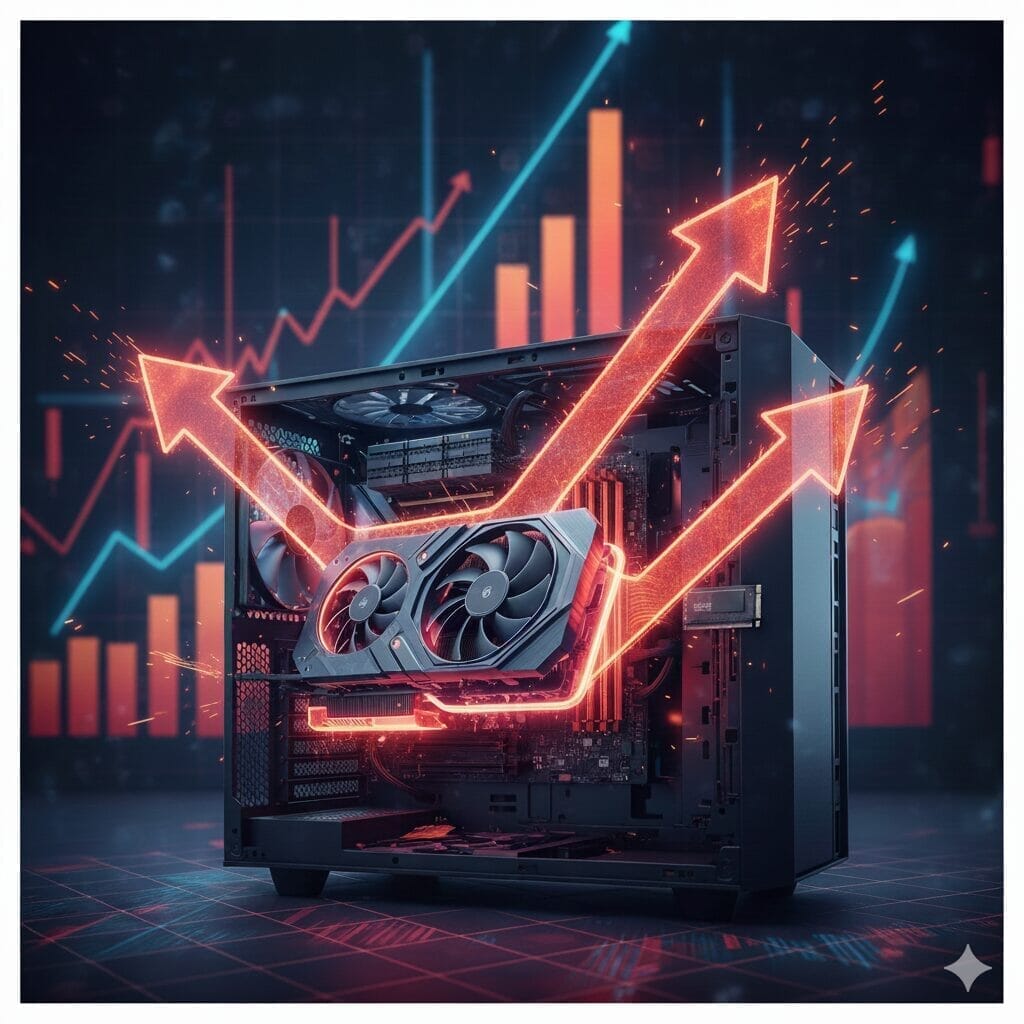 光るパソコン本体と成長を表すグラフ性能向上を示す赤い矢印