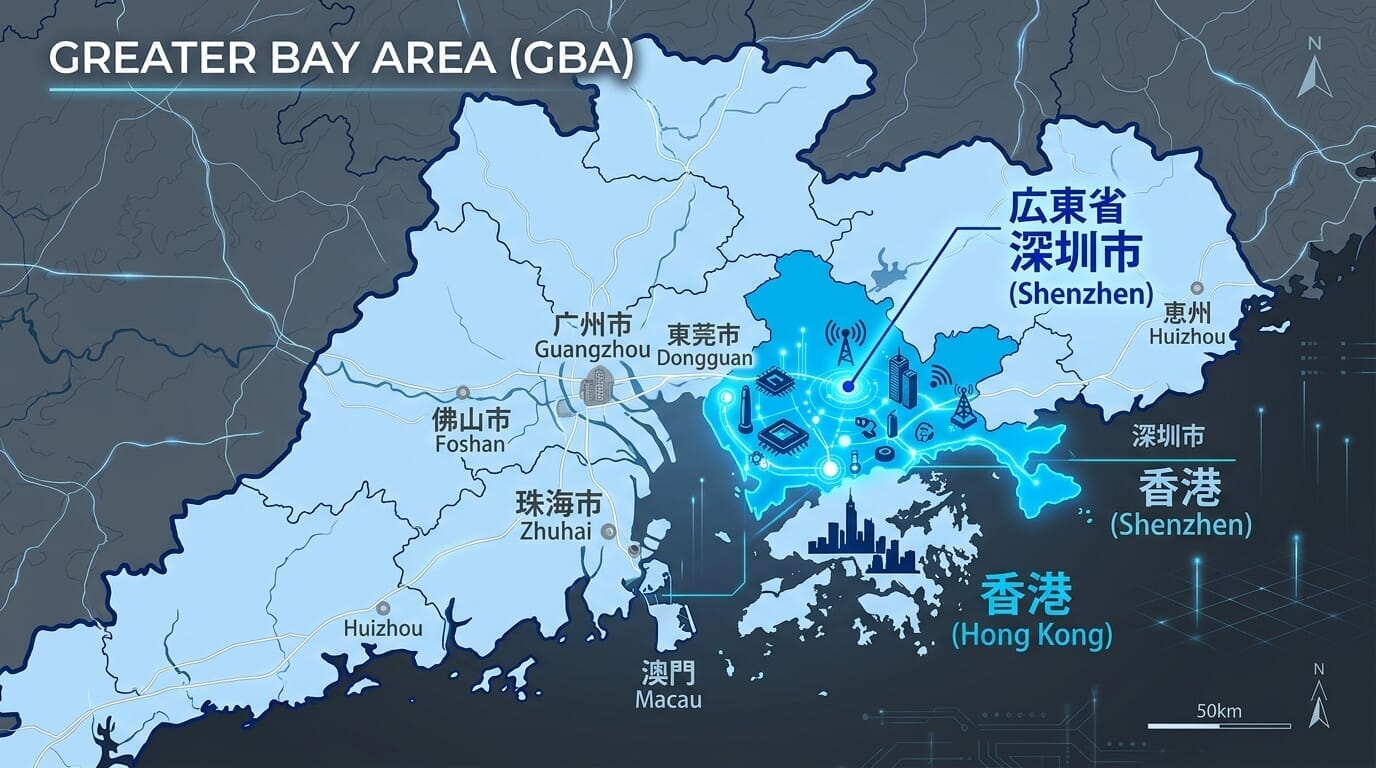 世界のハードウェアのシリコンバレーと呼ばれる中国・広東省深圳市と香港の位置関係を示す広域地図