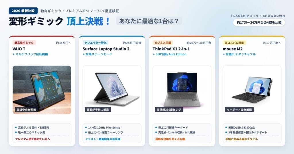 変形ギミック頂上決戦！VAIO T・Surface・ThinkPad X1・mouse M2の4大2in1ノートPC徹底比較アイキャッチ画像