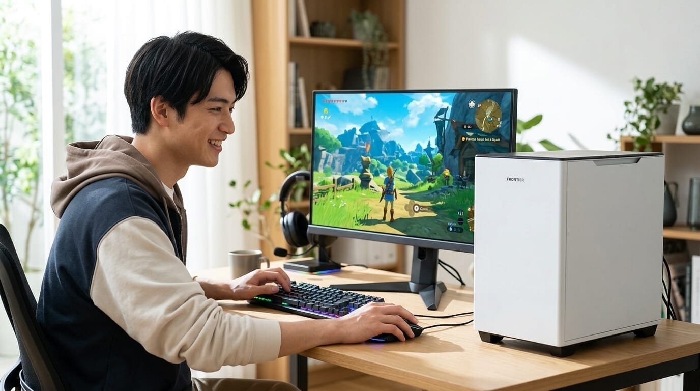 フロンティア(FRONTIER)のホワイト筐体デスクトップPCでゲームを快適にプレイする様子